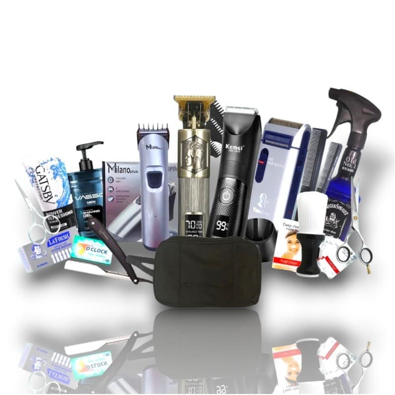 مجموعة أدوات حلاقة وعناية رجولية كاملة تشمل مكائن حلاقة، أمواس، كريمات، مشط، مقص، وفرشة حلاقة داخل باوتش أنيق.