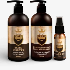 ثلاث منتجات للعناية باللحية من By My Beard: شامبو، بلسم ومرطب للوجه، وزيت لحية،