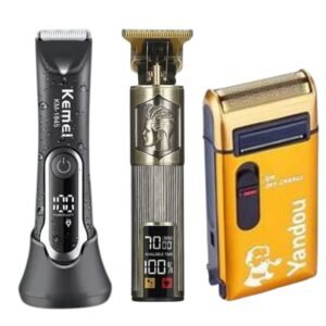 ثلاث أدوات حلاقة كهربائية – Kemei KM-818S، ماكينة محفورة متعددة السرعات، وماكينة Yandou البرتقالية.