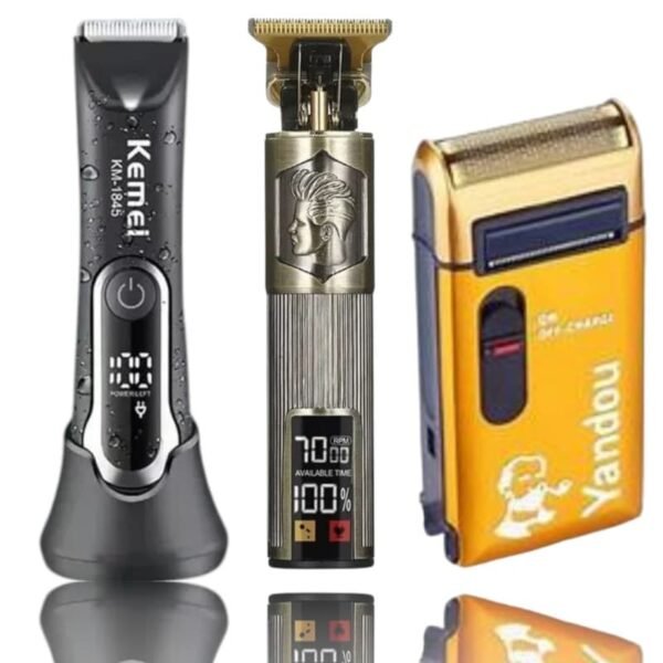 ثلاث أدوات حلاقة كهربائية – Kemei KM-818S، ماكينة محفورة متعددة السرعات، وماكينة Yandou البرتقالية.