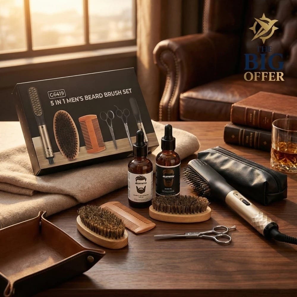 طقم GAX419 للعناية باللحية مع فرشاة حرارية ومشط ومقص
