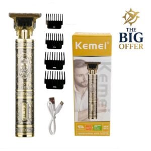 اكينة حلاقة Kemei KM-T9 بزخارف ذهبية وفضية، مع ملحقات متعددة وتغليف احترافي.