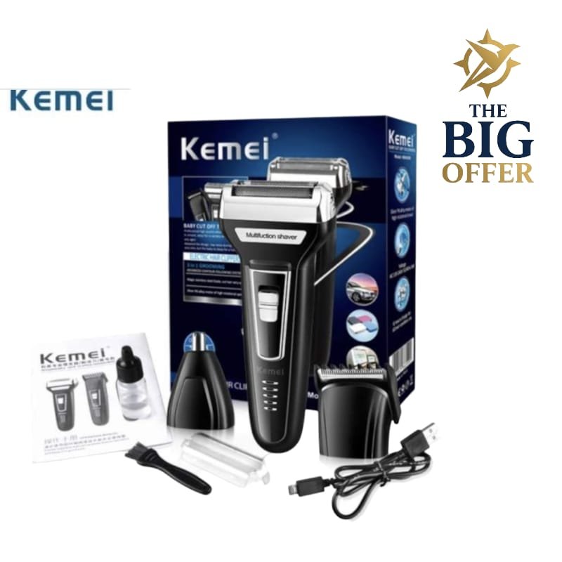 طقم حلاقة متعدد الوظائف من Kemei – مع ملحقات للأنف والدقة