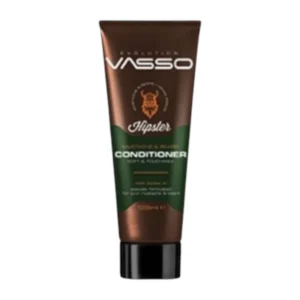 بلسم Vasso Hipster Mustache & Beard Conditioner بعبوة بنية أنيقة مع غطاء أسود، موضوع على سطح خشبي بخلفية دافئة.