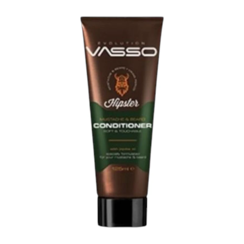 بلسم Vasso Hipster Mustache & Beard Conditioner بعبوة بنية أنيقة مع غطاء أسود، موضوع على سطح خشبي بخلفية دافئة.