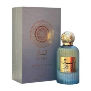 عطر QISSA Emperor Valley بزجاجة زرقاء فاخرة وغطاء ذهبي مزخرف