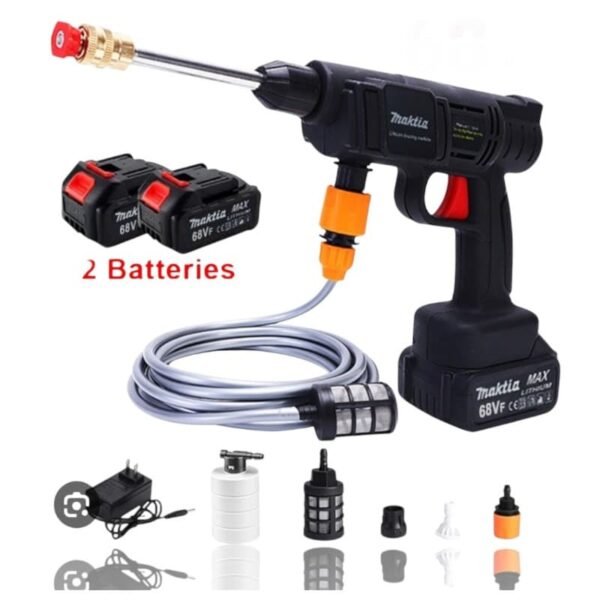 ماكينة غسيل محمولة Makita MAX 68VF مع بطاريتين، خرطوم، فوهات متعددة، وزجاجة رغوة.