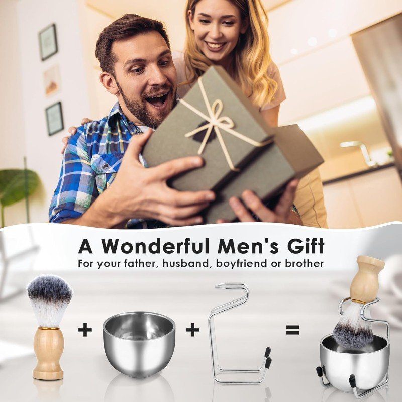 رجل يتلقى هدية طقم حلاقة رجالي – فرشاة، وعاء ستانلس، وحامل معدني.