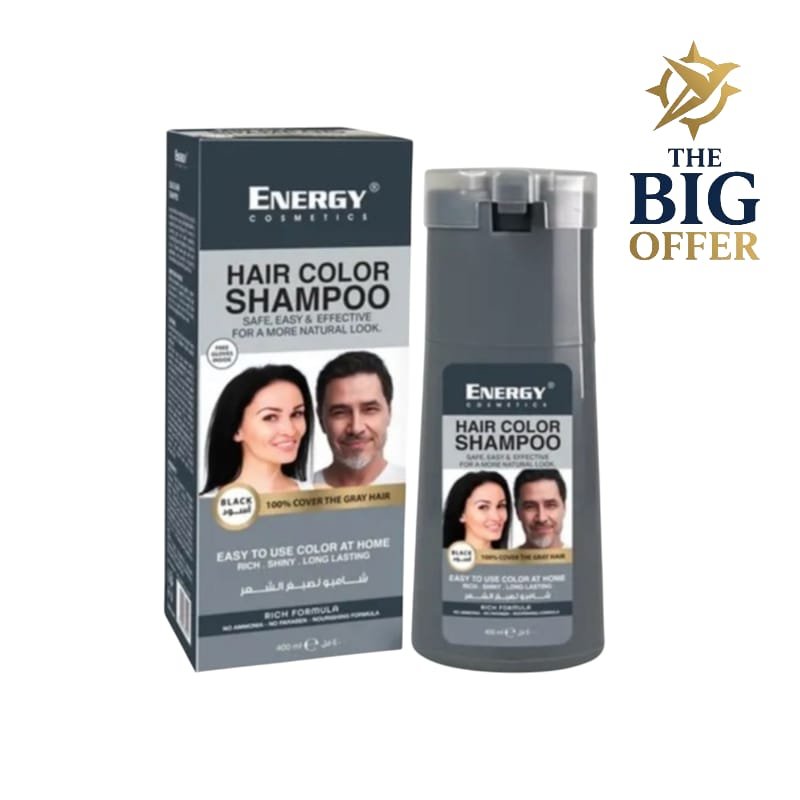 شامبو صبغ الشعر الاسود من Energy – يغطي الشيب 100% ويمنحك لون اسود طبيعي ولمعة صحية