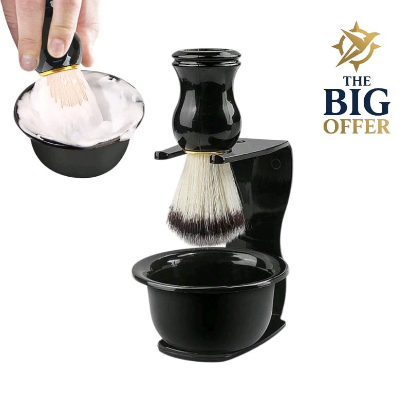 طقم فرشة حلاقة رجالي كلاسيكي مع حامل ووعاء رغوة – أسود أنيق
