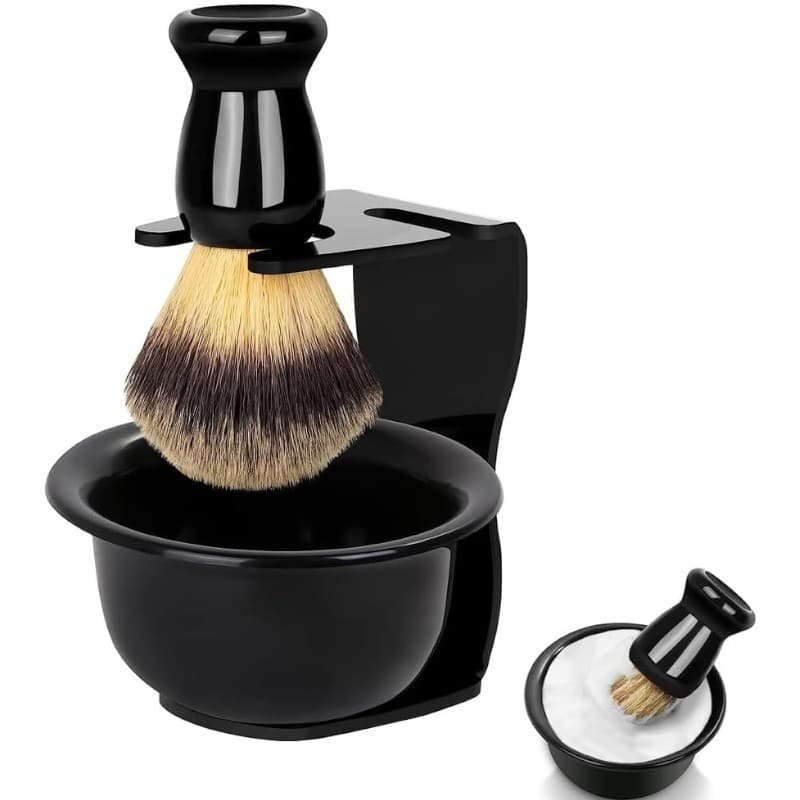 طقم فرشة حلاقة رجالي كلاسيكي مع حامل ووعاء رغوة – أسود أنيق