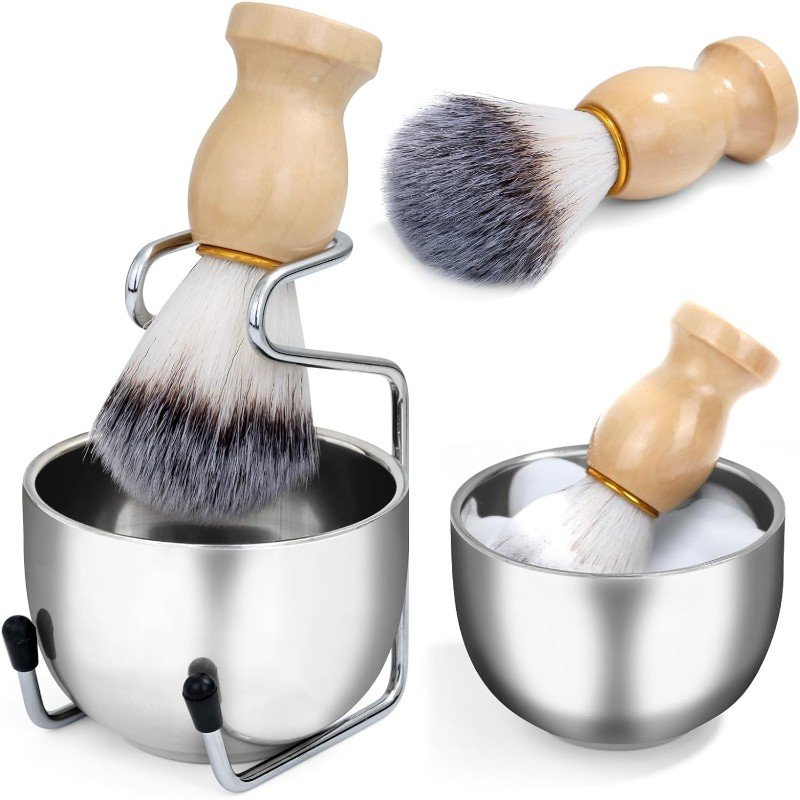 طقم حلاقة خشبي فاخر – فرشة خشب + وعاء ستانلس + حامل معدني للحلاقة الكلاسيكية