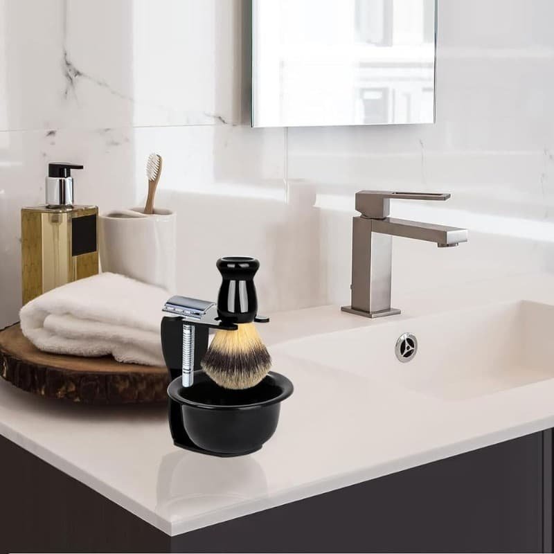 طقم الحلاقة الرجالي الكلاسيكي <br> فرشة سوداء + حامل معدني + وعاء رغوة - الصورة 3