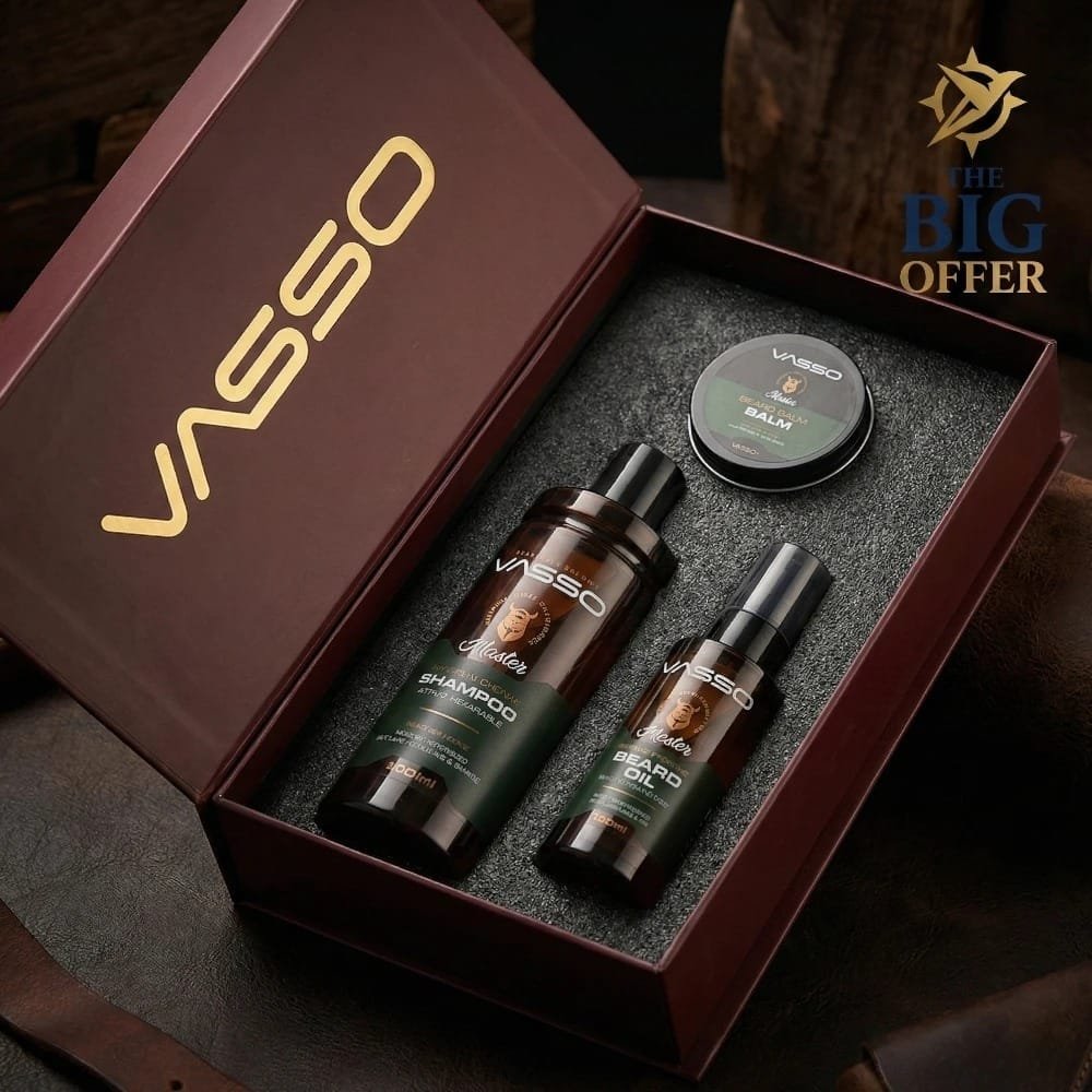 علبة هدية من VASSO تحتوي على شامبو، زيت، وبلسم للحية