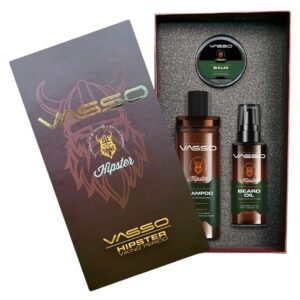 طقم VASSO Hipster Viking للعناية الرجولية يحتوي على شامبو، زيت لحية، وبلسم بتصميم فايكنغ مميز