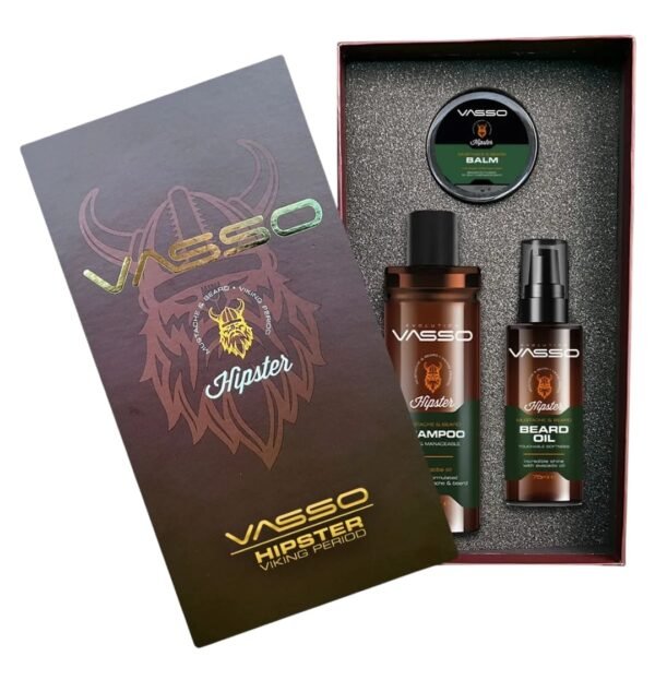 طقم VASSO Hipster Viking للعناية الرجولية يحتوي على شامبو، زيت لحية، وبلسم بتصميم فايكنغ مميز