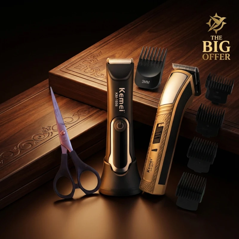 مجموعتان من ماكينات الحلاقة الكهربائية من Kemei مع مقص وقطع تحديد، معروضة على سطح خشبي مزخرف وخلفية بنية أنيقة، يظهر شعار "THE BIG OFFER".