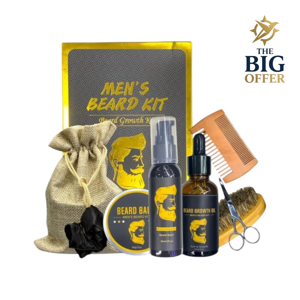 مجموعة العناية باللحية للرجال تشمل زيت، بلسم، مشط، فرشاة، مقص، وغسل اللحية