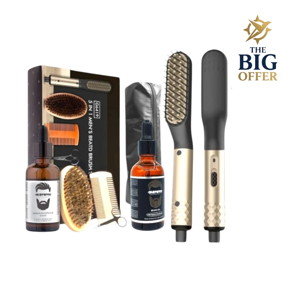 طقم SAMMY للعناية باللحية يشمل فرشاة حرارية، زيت، مشط، مقص، وفرشاة خشبية
