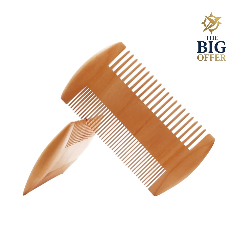مشط خشبي مزدوج للحية والشعر – تصميم طبيعي بأسنان مزدوجة لتصفيف ناعم بدون كهرباء ساكنة