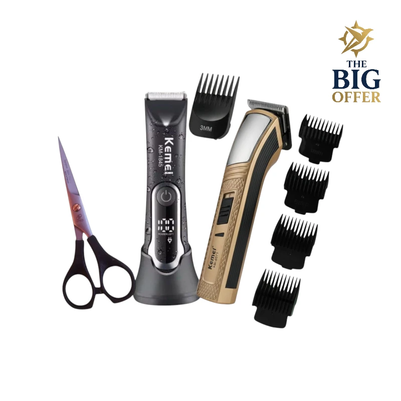 طقم حلاقة كهربائي Kemei KM-1949S + KM-5027 مع مشطّات متعددة ومقص احترافي – كفالة 3 سنين وعرض خاص بالكويت والخليج